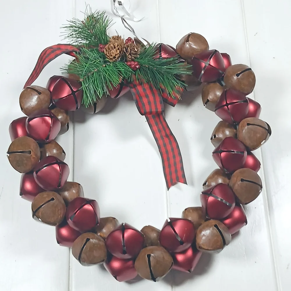 Red & Brown 13” Jingle Bell Metal Christmas Wreath, Holiday Decor Indoor Outdoor